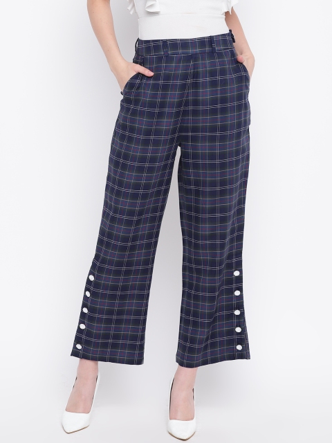 

LA LOFT Women Navy Blue Relaxed Fit Checked Cropped Trousers