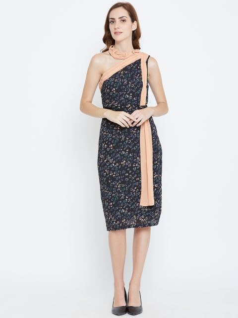 

LA LOFT Women Black & Peach-Coloured Printed One Shoulder Sheath Dress