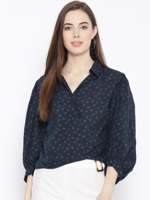 

LA LOFT Women Navy Blue & Golden Printed Wrap Pure Cotton Top