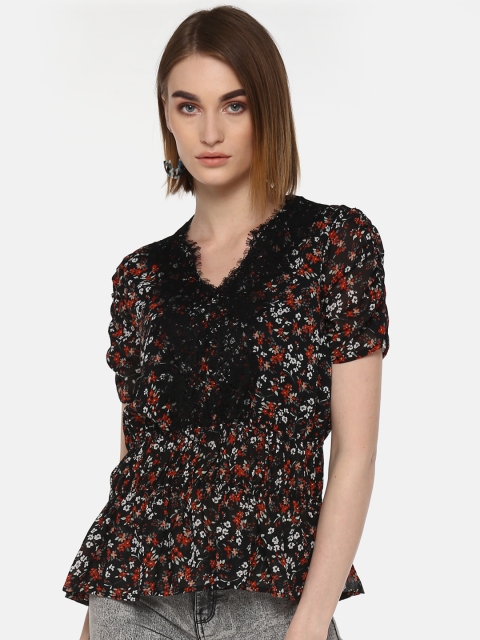 

LA LOFT Women Black & Red Printed Cinched Waist Top