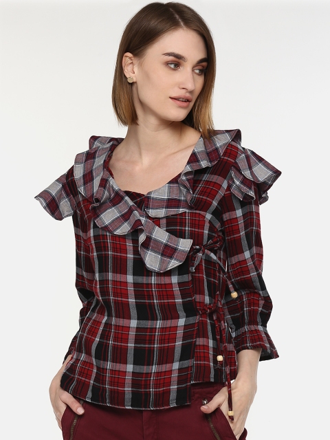 

LA LOFT Women Maroon & Black Checked Wrap Top