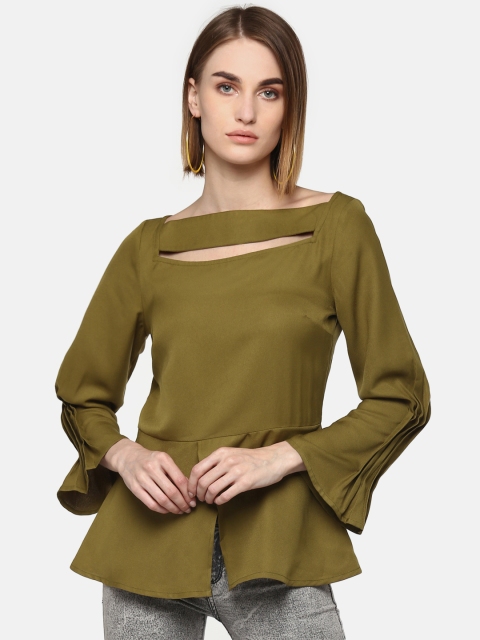 

LA LOFT Women Olive Green Solid Peplum Top