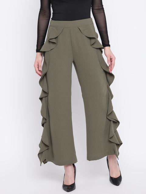 

LA LOFT Women Olive Green Relaxed Fit Solid Trousers