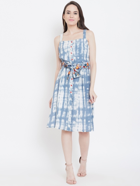 

LA LOFT Women White & Blue Dyed A-Line Dress
