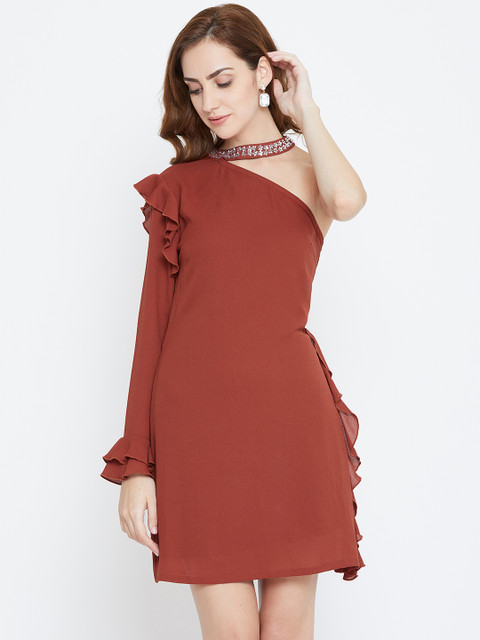

LA LOFT Women Rust Brown Solid One-Shoulder Sheath Dress