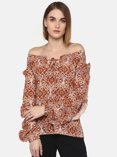 

LA LOFT Women Mustard Brown & White Printed Bardot Top