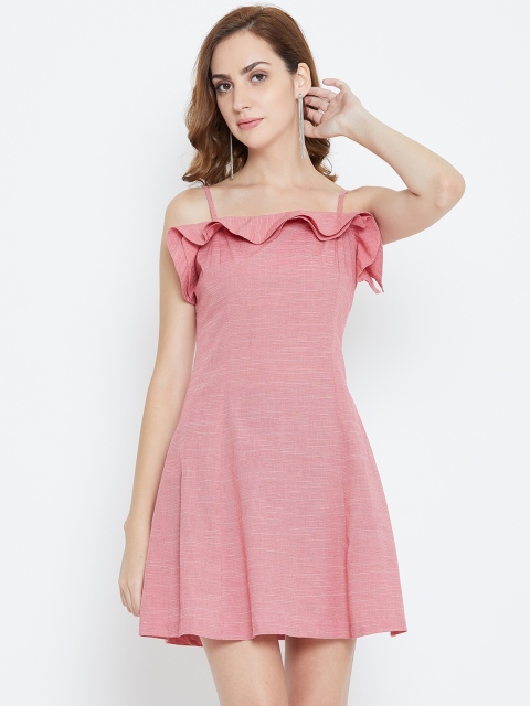 

LA LOFT Women Pink & White Striped Fit & Flare Dress