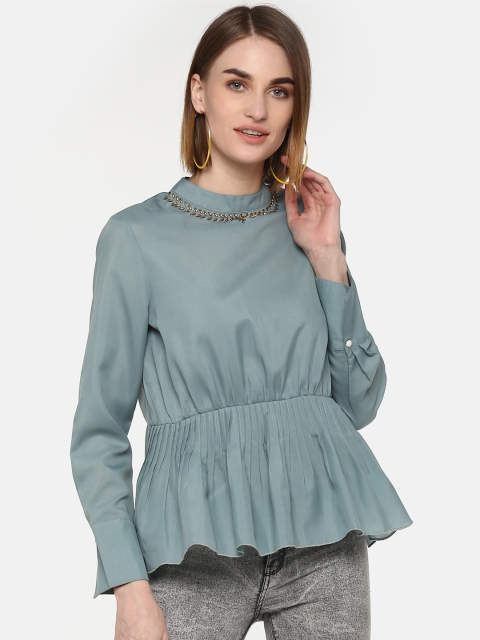 

LA LOFT Women Sea Green Solid Cinched Waist Top