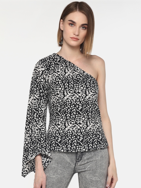 

LA LOFT Women Black & White Printed One-Shoulder Top