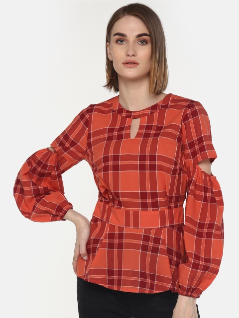 

LA LOFT Women Orange & Maroon Checked Peplum Top