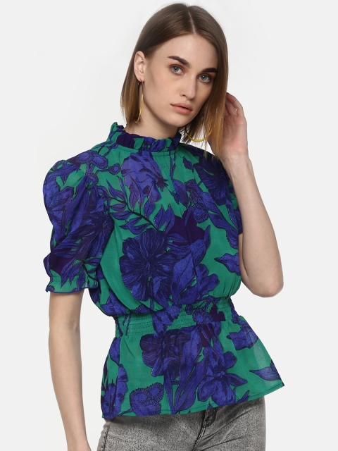 

LA LOFT Women Navy Blue & Green Printed Cinched Waist Top