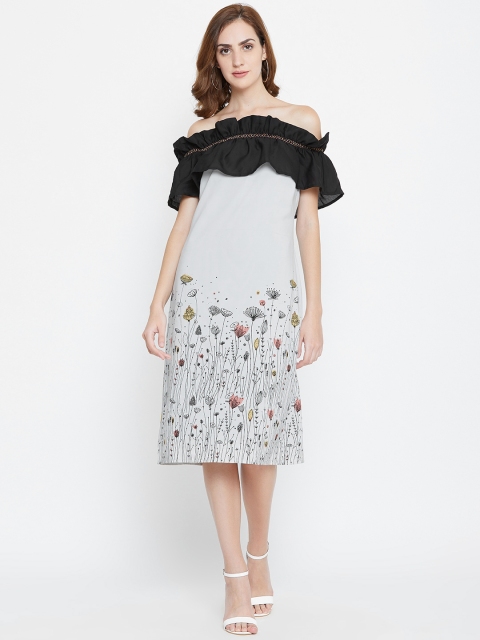 

LA LOFT Women Grey & Black Printed Off Shoulder Midi A-Line Dress
