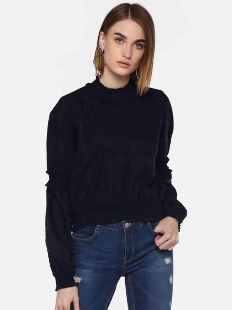 

LA LOFT Women Navy Blue Solid Blouson Top