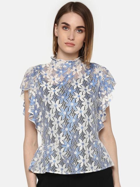 

LA LOFT Women Blue & White Sheer Lace Top