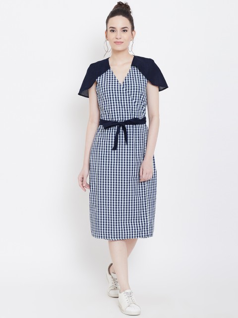 

LA LOFT Women White & Blue Checked Sheath Dress