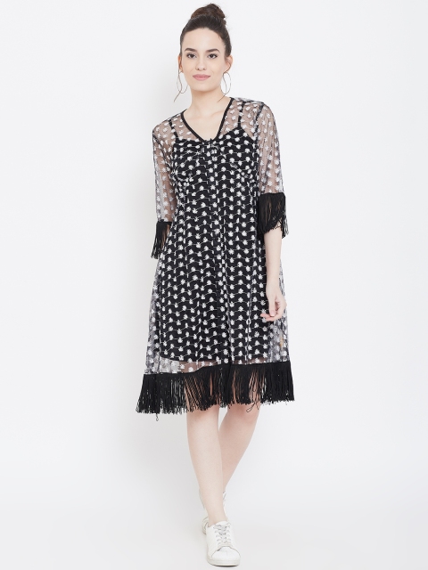 

LA LOFT Women Black & White Embroidered Semi-Sheer A-Line Dress
