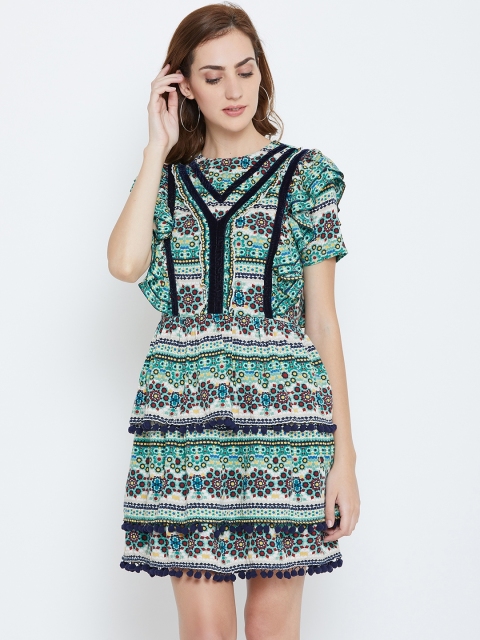 

LA LOFT Women Green & Navy Blue Printed Tiered Fit and Flare Dress