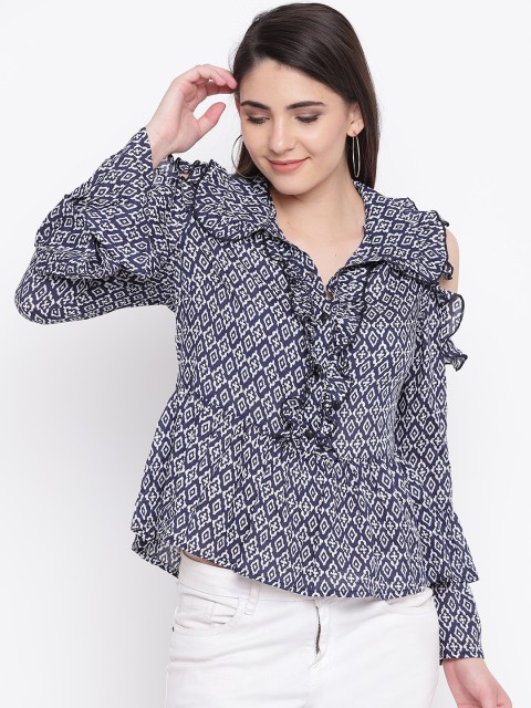 

LA LOFT Women Navy Blue Printed Shirt Style Top
