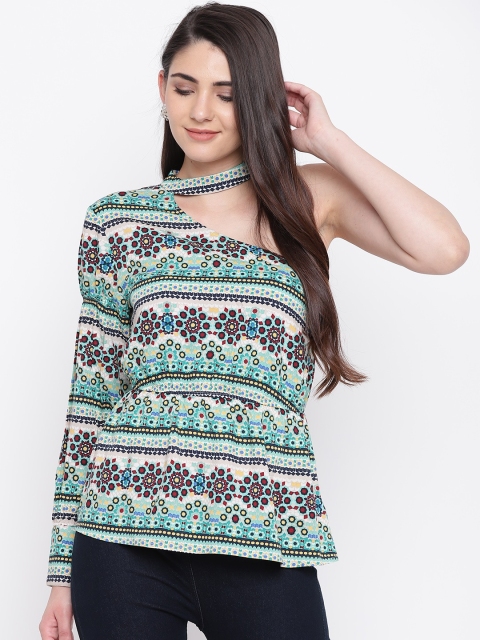 

LA LOFT Women Sea Green & Beige One-Shoulder Printed Top