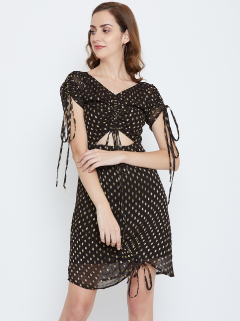 

LA LOFT Women Black & Golden Printed A-Line Dress