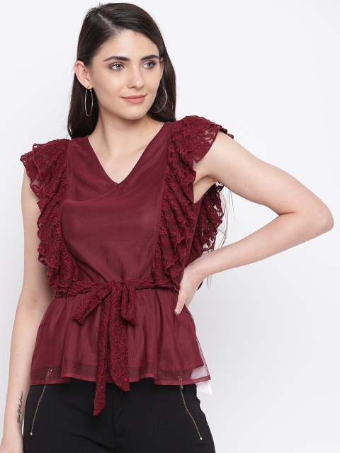 

LA LOFT Women Burgundy Solid Cinched Waist Top