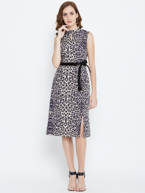 

LA LOFT Women Black & Off-White Printed A-Line Dress