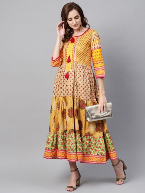 

Shree Women Mustard Yellow & Pink Tiered Maxi Dress