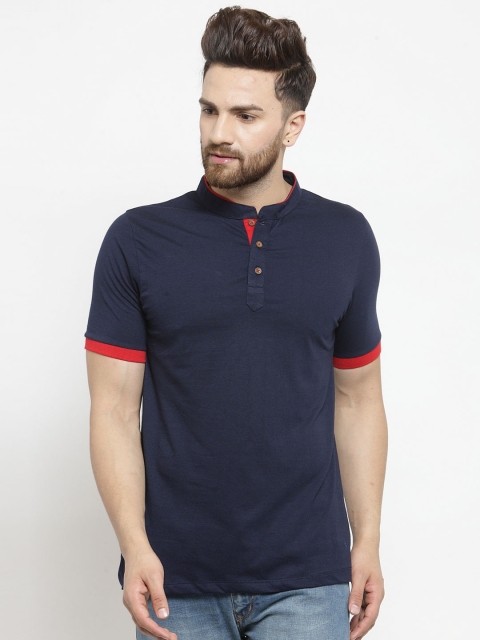 

Kalt Men Navy Blue Solid Mandarin Collar T-shirt