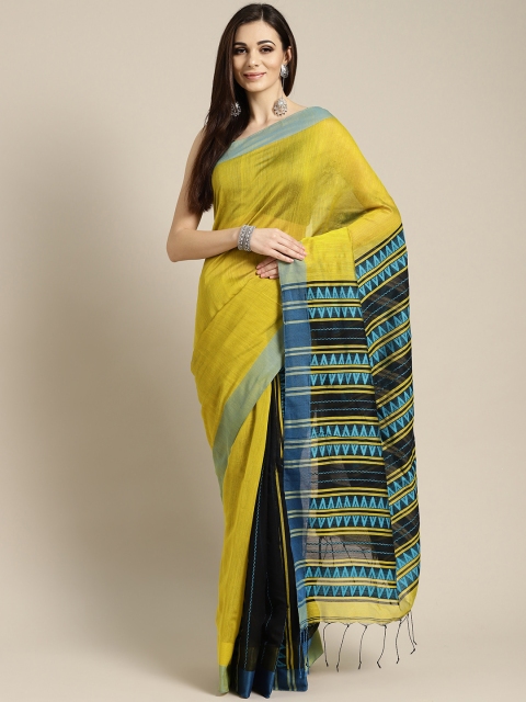 

FIROZA Mustard Yellow & Black Woven Design Handloom Taant Saree