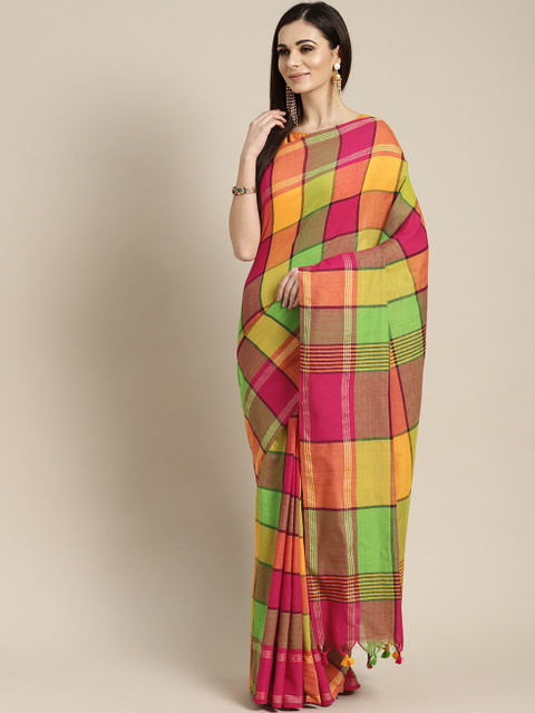 

FIROZA Pink & Green Checked Venkatgiri Saree