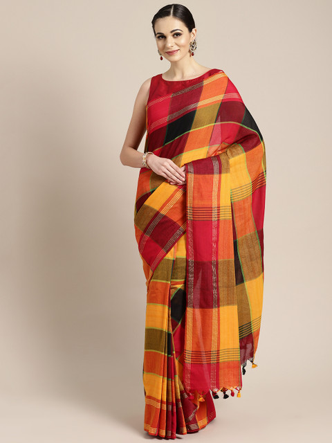 

FIROZA Red & Yellow Checked Venkatgiri Saree