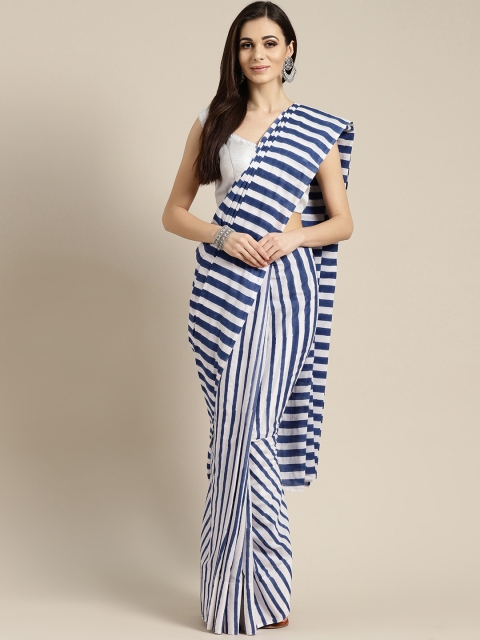 

FIROZA White & Navy Blue Striped Saree