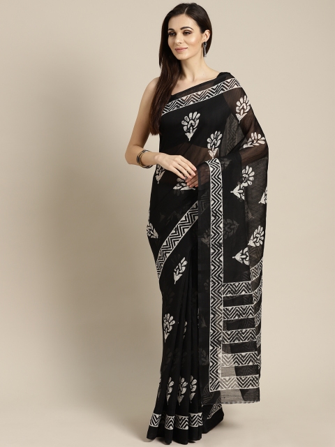 

FIROZA Black & Off-White Printed Chanderi Saree