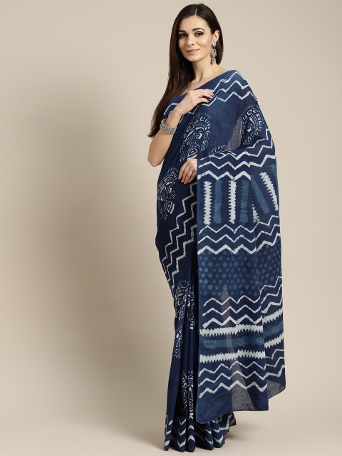 

FIROZA Navy Blue & Off White Tribal Face Print Saree