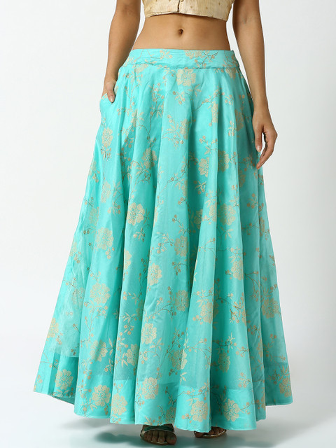 

De Moza Women Turquoise Blue & Gold-Toned Self-Design Flared Maxi Skirt