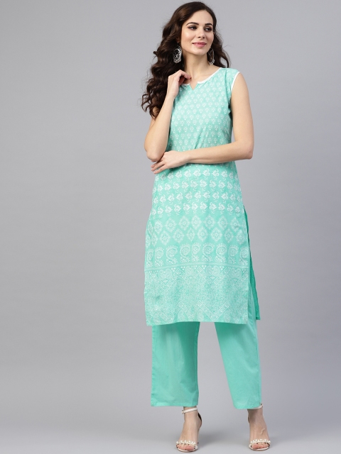 

Nayo Women Sea Green & White Printed Kurta with Palazzos
