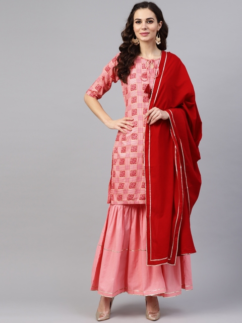 

Nayo Women Pink & Red Checked Kurta with Sharara & Dupatta