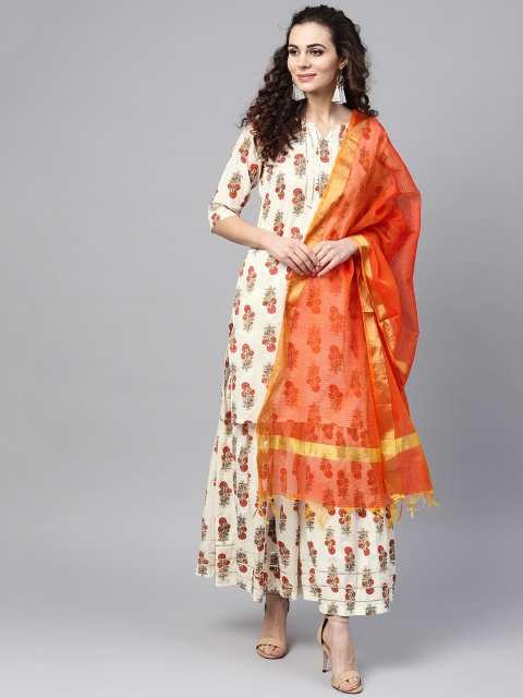 

Nayo Women Off-White & Orange Printed Kurta with Sharara & Dupatta