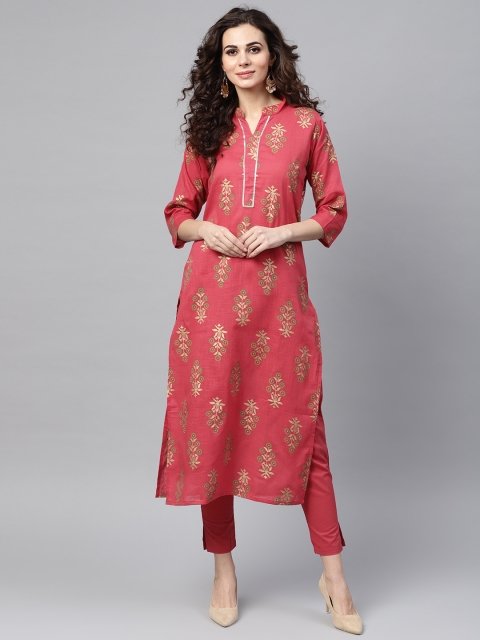 

Nayo Women Pink & Golden Printed Kurta with Trousers