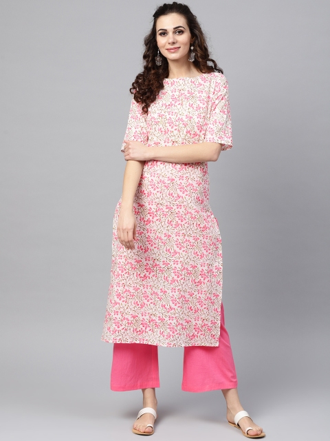 

Nayo Women White & Pink Printed Kurta with Palazzos