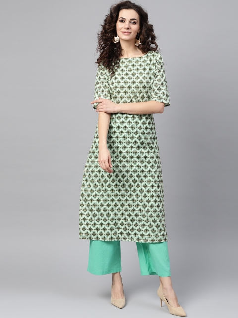 

Nayo Women Green & Off-White Printed Kurta with Trousers