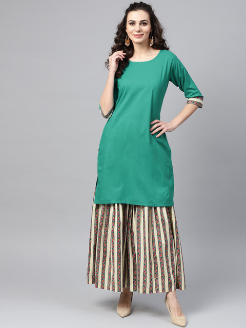 

Nayo Women Green & Beige Solid Kurta with Sharara