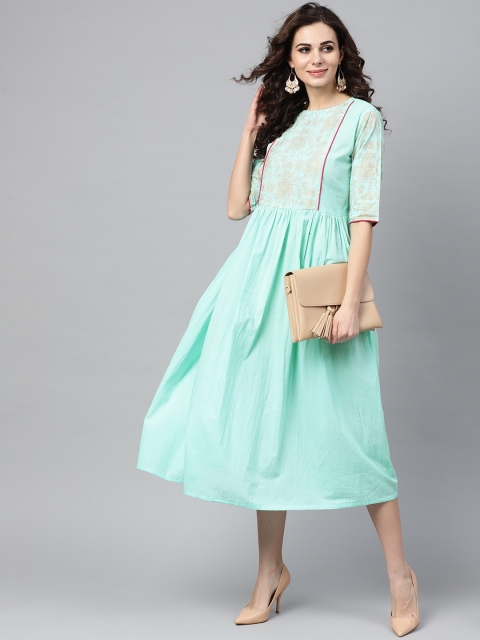 

Nayo Women Sea Green Printed A-Line Dress