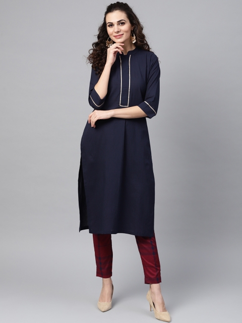 

Nayo Women Navy Blue & Maroon Solid Kurta with Trousers