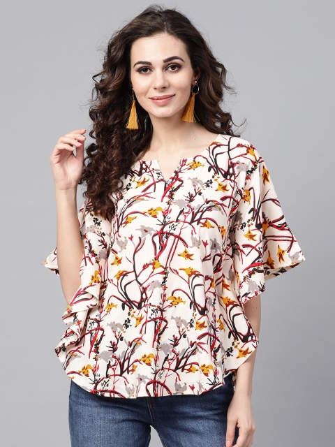 

Nayo Women Cream-Coloured & Red Printed Kaftan Pure Cotton Top