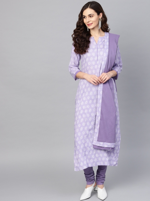 

Nayo Women Purple & White Printed Kurta with Churidar & Dupatta