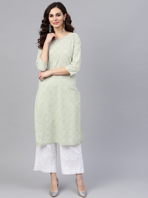 

Nayo Women Green & White Printed Straight Kurta