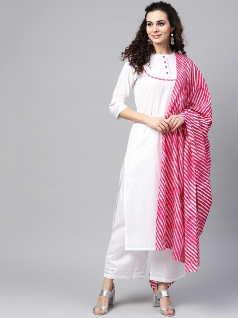 

Nayo Women White & Pink Solid Kurta with Palazzos & Leheriya Print Dupatta