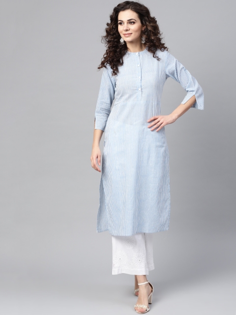 

Nayo Women Blue & White Striped Straight Kurta