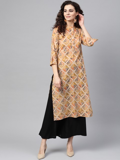 

Nayo Women Beige & Orange Printed Straight Kurta
